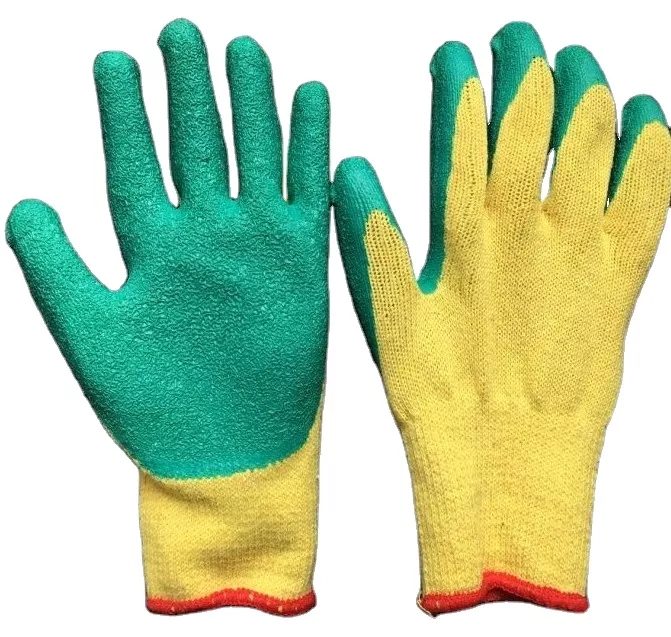 LTX-001 10gauge yellow cotton green crinkle latex coated gloves