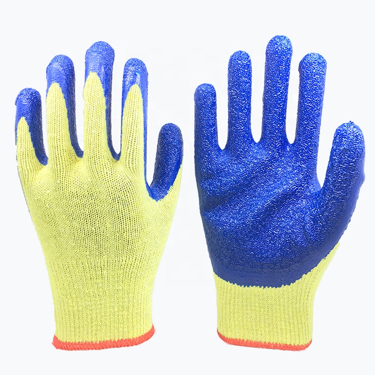 LTX-002 10gauge yellow cotton blue crinkle latex coated gloves