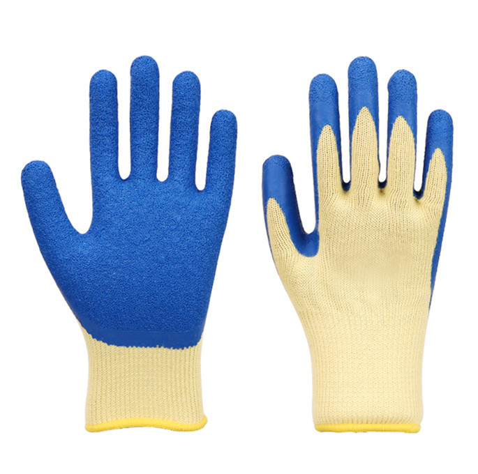LTX-009 5 threads 10gauge yellow cotton blue crinkle latex coated gloves
