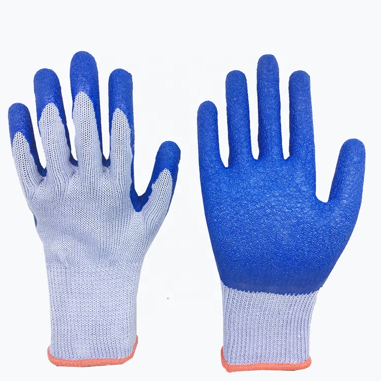 LTX-010 5 threads 10gauge purple cotton blue crinkle latex coated gloves