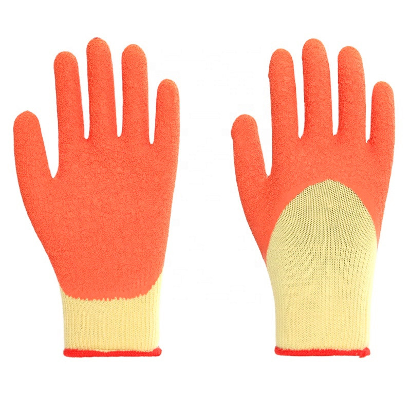 LTX-011 5 threads 10gauges yellow cotton orange crinkle latex half coated gloves