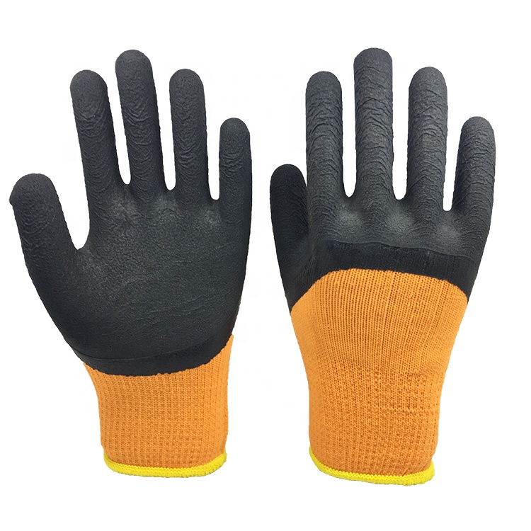 LTX-020  7gauge terry liner black crinkle latex half coated gloves