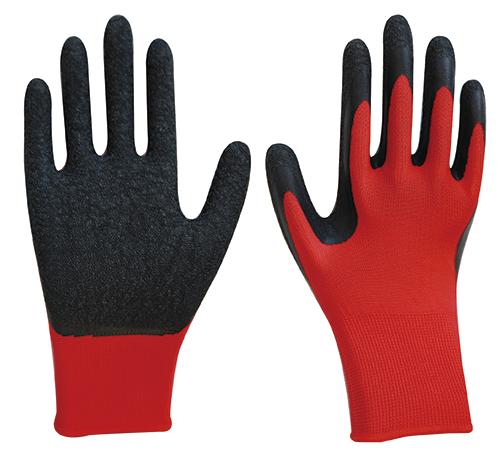 LTX-025 13gauge red polyester black crinkle latecx coated gloves