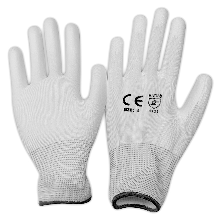 PU-002 13gauge white polyester white pu coated gloves