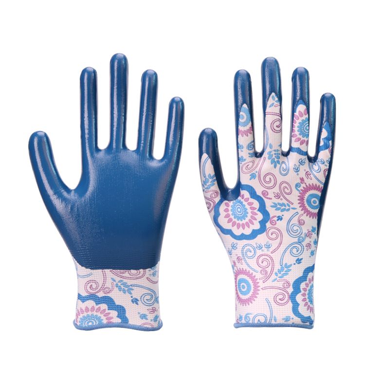 NTR-002 13 gauge printed polyester blue nitrile palm coated gloves