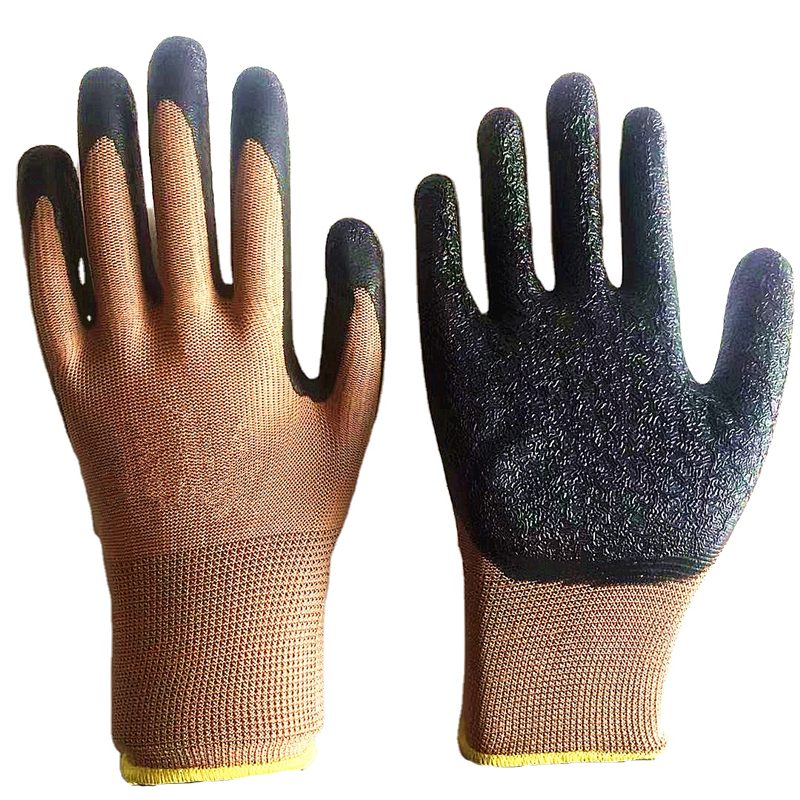 LTX-026 13gauge brown polyester black crinkle latex coated gloves