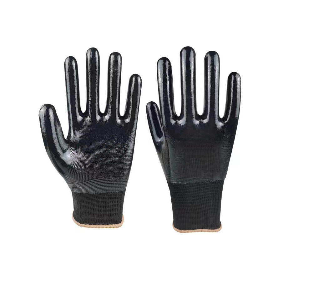 NTR-003 13 gauge black polyester black nitrile coated gloves