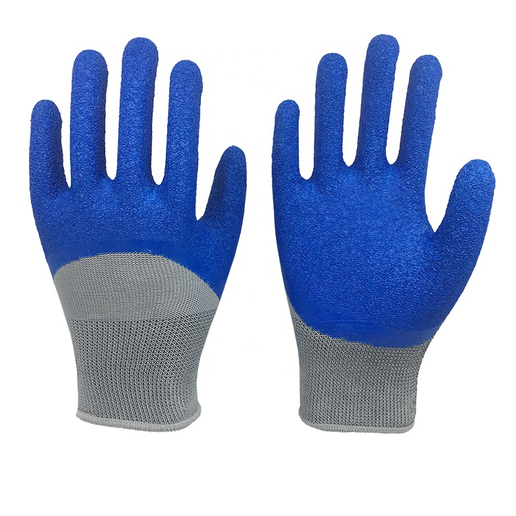 LTX-029 13gauge grey polyester blue latex crinkle half coated gloves