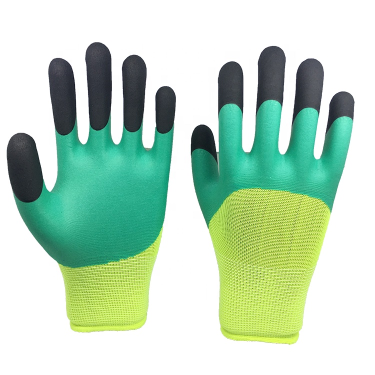 LTX-031 13gauge green foam latex half coated gloves black finger