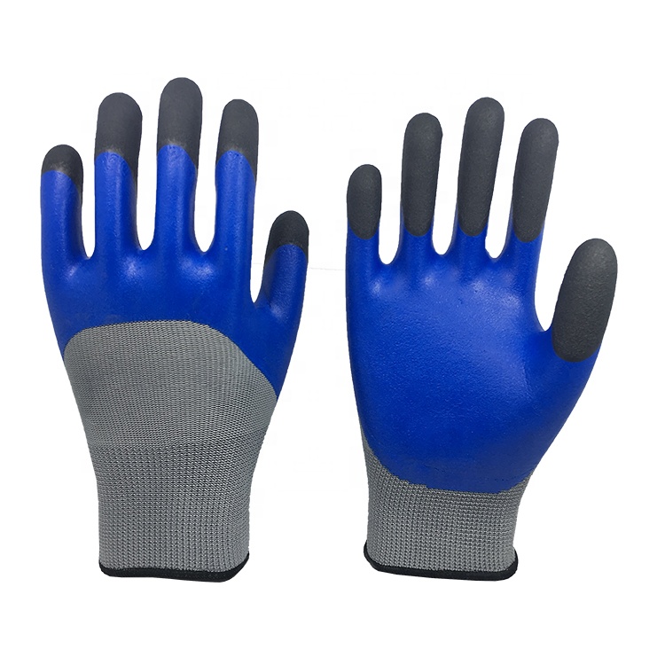 LTX-032 13gauge polyester blue latex half coated gloves balck finger