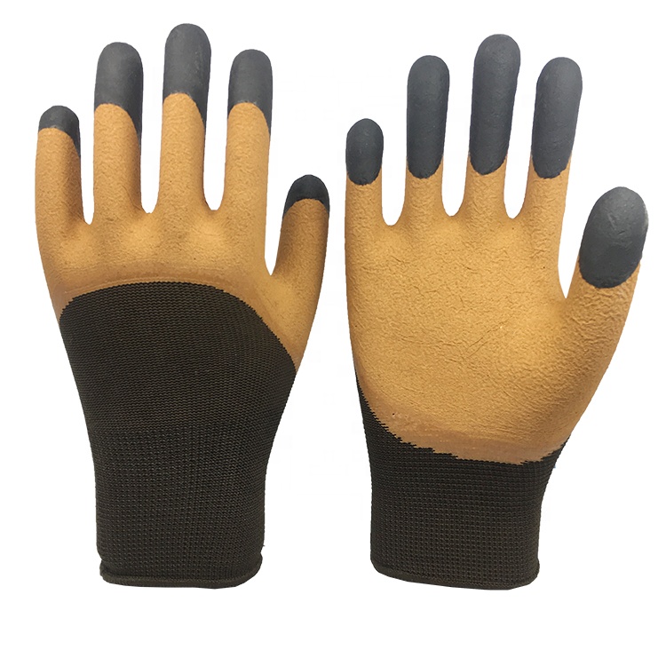 LTX-033 13gauge polyester brown latex foam half coated gloves balck finger