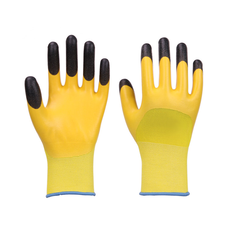 LTX-034 13gauge polyester yellow half foam latex coated gloves black finger