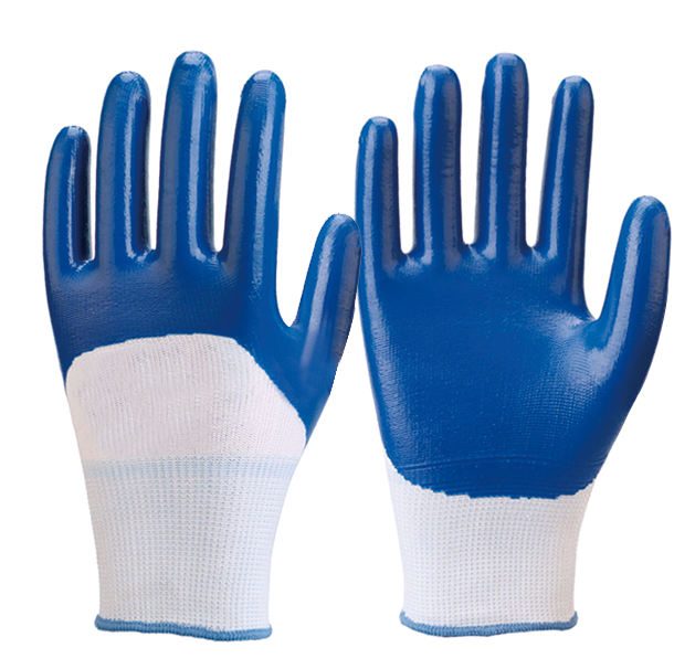 NTR-004 13 gauge white polyester blue nitrile half coated gloves