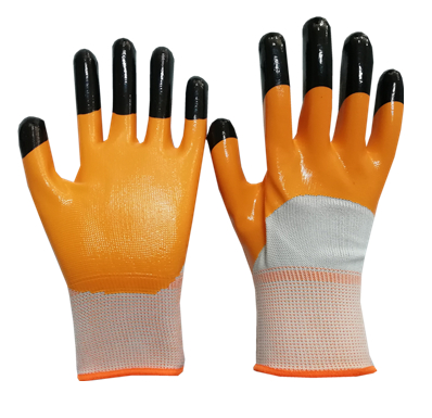 NTR-005 13 gauge white polyester orange nitrile half coated gloves with black finger strengthening