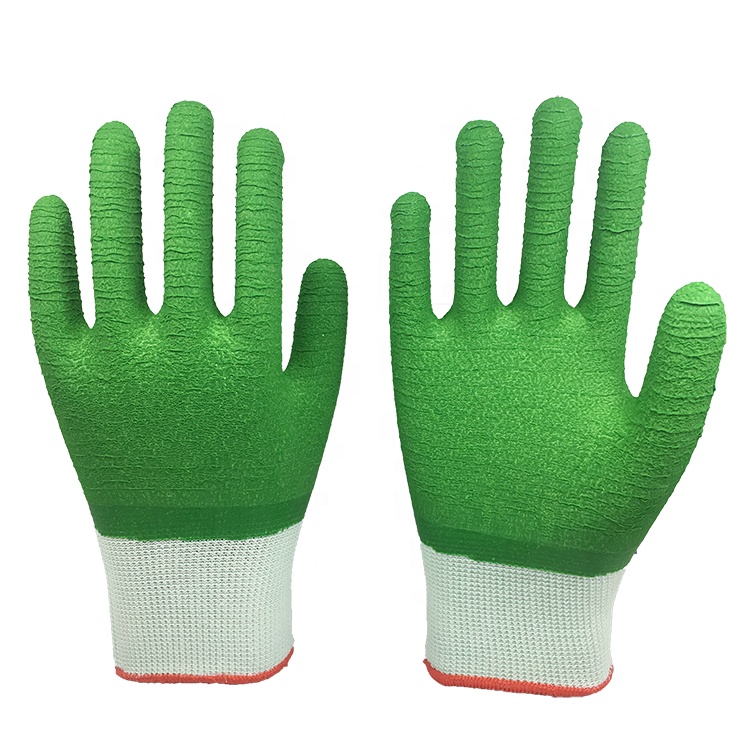 LTX-037 13gauge polyester green wave crinkle latex full caoted gloves