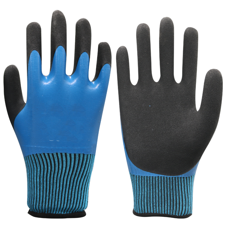 LTX-038 13gauge polyester blue full coated black palm waterproof gloves