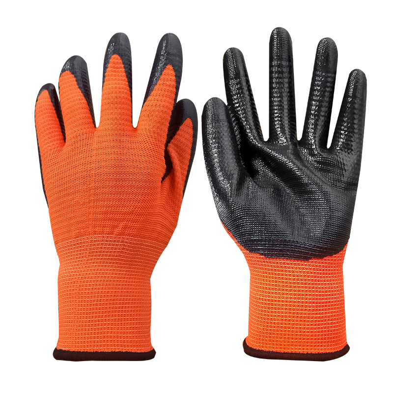 NTR-009 13 gauge red zebra polyester black nitrile coated gloves