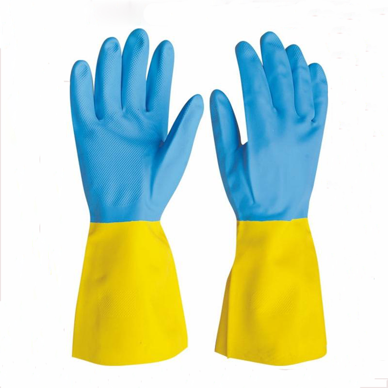 LTX-045 long cuff yellow blue flocklined latex gloves
