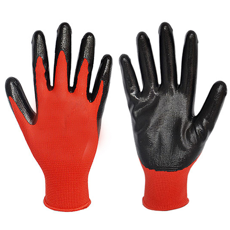 NTR-007 13 gauge red polyester black nitrile coated gloves