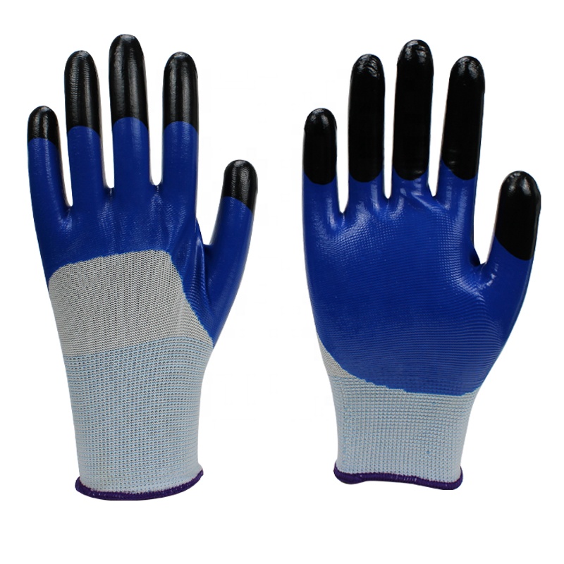 NTR-008 13 gauge white polyester blue nitrile coated gloves with black finger strengthening
