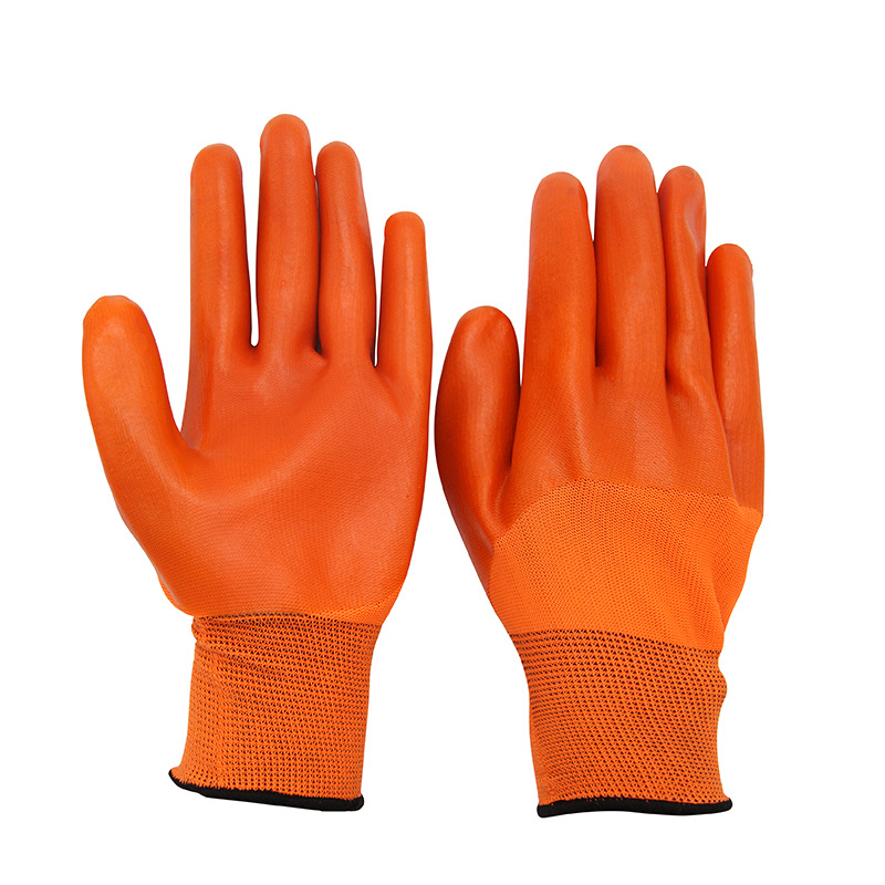 PVC -002  13 gauge orange color polyester with PVC half coated gloves