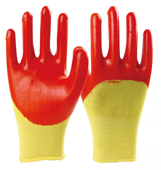 PVC-003  13gauge yellow polyester with orange pvc half coated glove