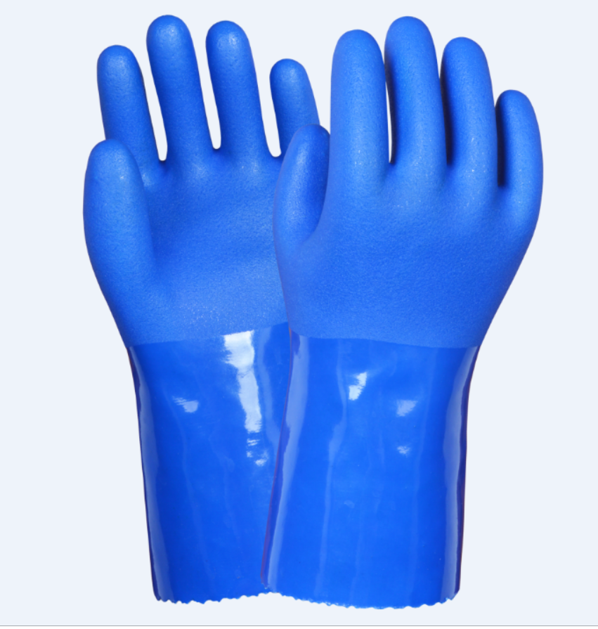PVC-007  27cm Long sleeve Blue fully coated Sandy Palm glove